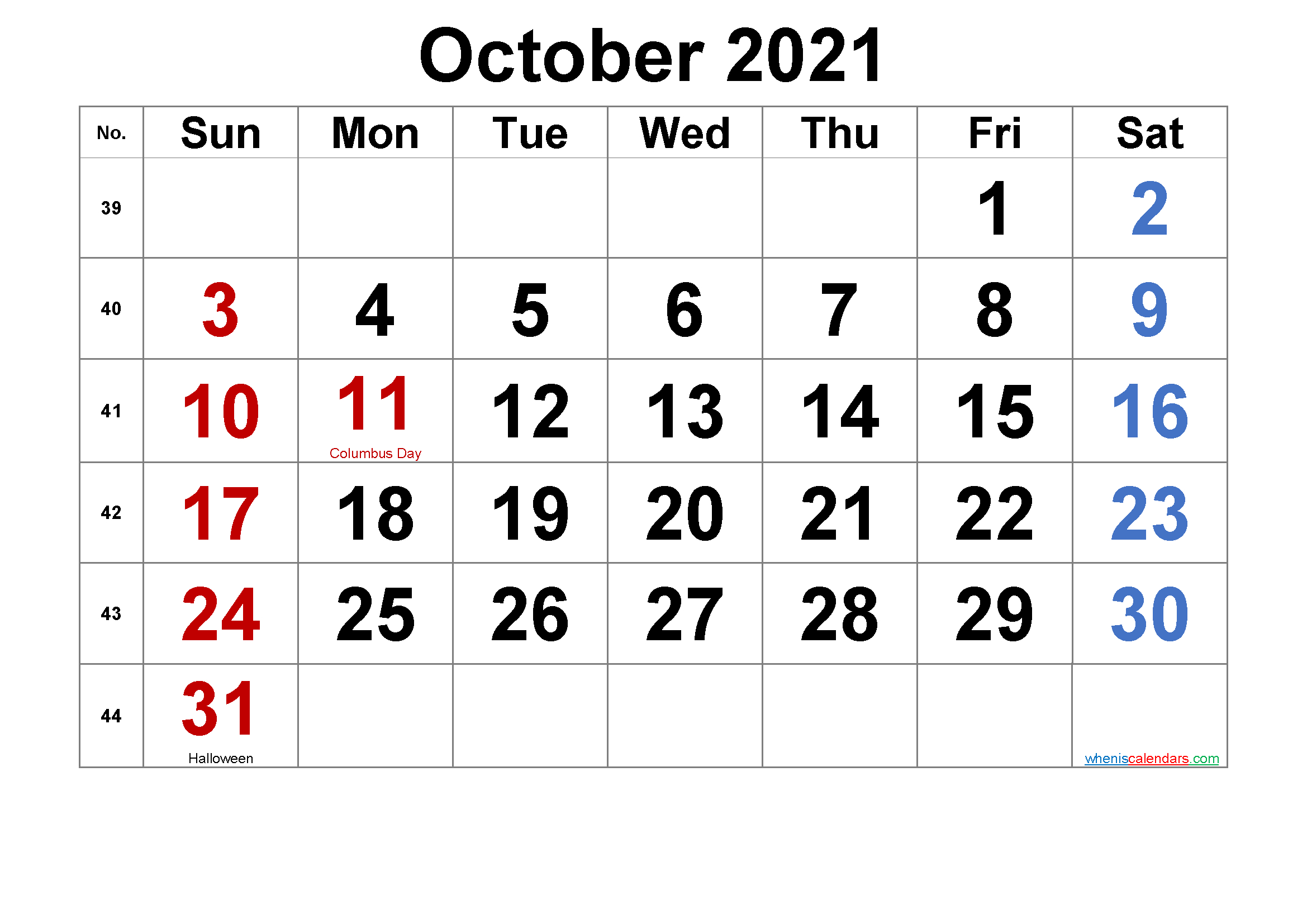 Free Printable October 2021 Calendar With Holidays-Template