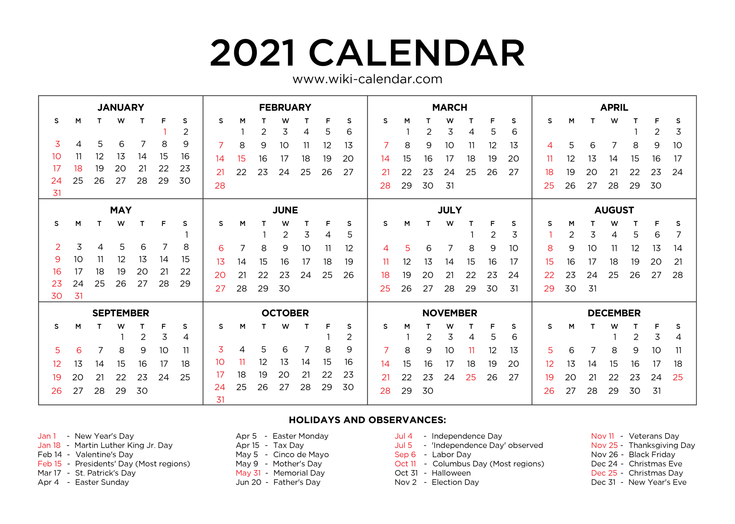 Free Printable Year 2021 Calendar With Holidays