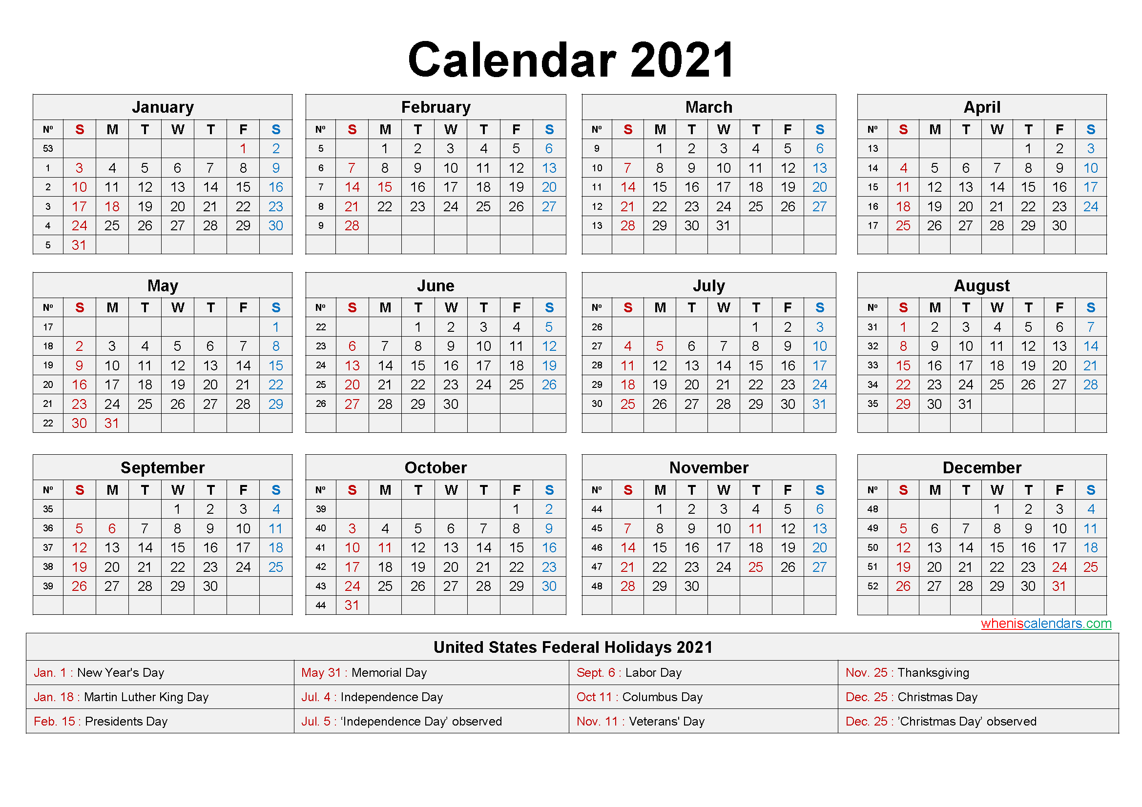 Free Printable Yearly 2021 Calendar With Holidays As Word Pdf