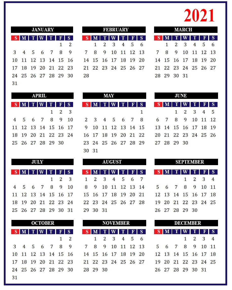 Free Yearly 2021 Calendar Template