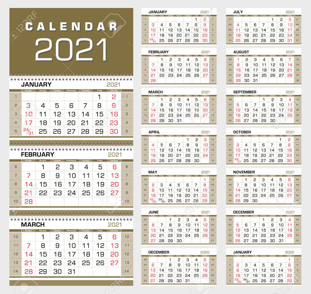 Gold Wall Quarterly Calendar 2021 With Week Numbers. Week Start..