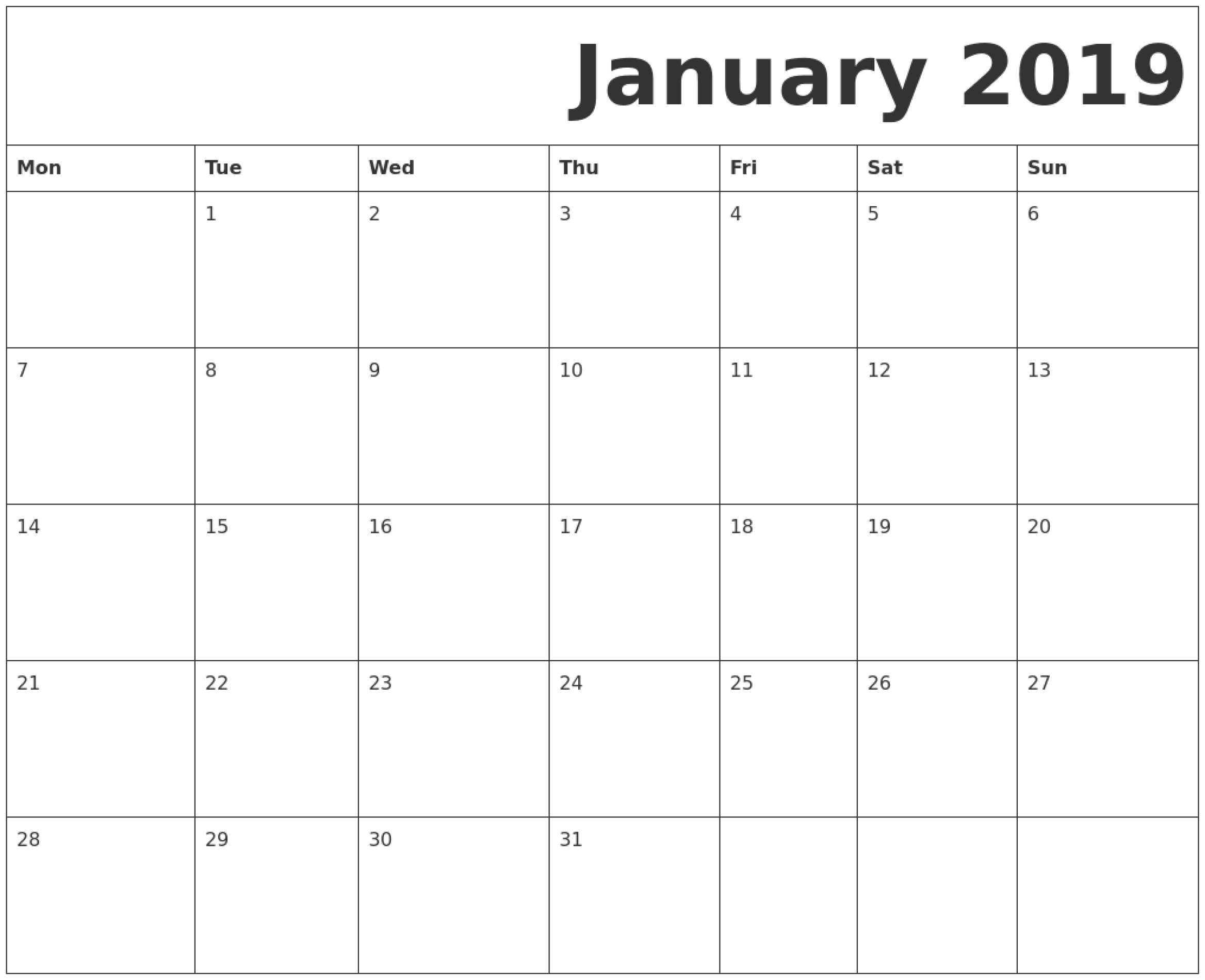January 2019 Printable Calendar Monday Start | Free