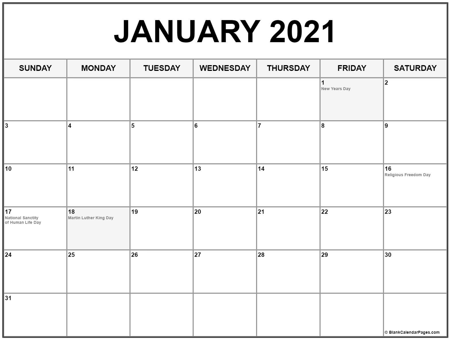 January 2021 Calendar With Holidays