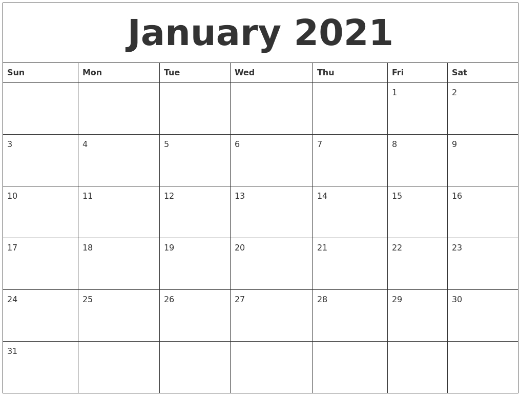 January 2021 Printable Calendar Free