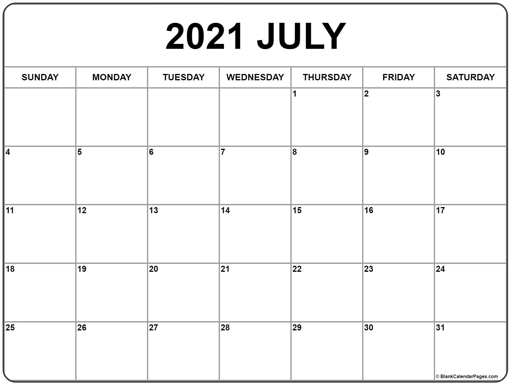 July 2021 Calendar With Notes