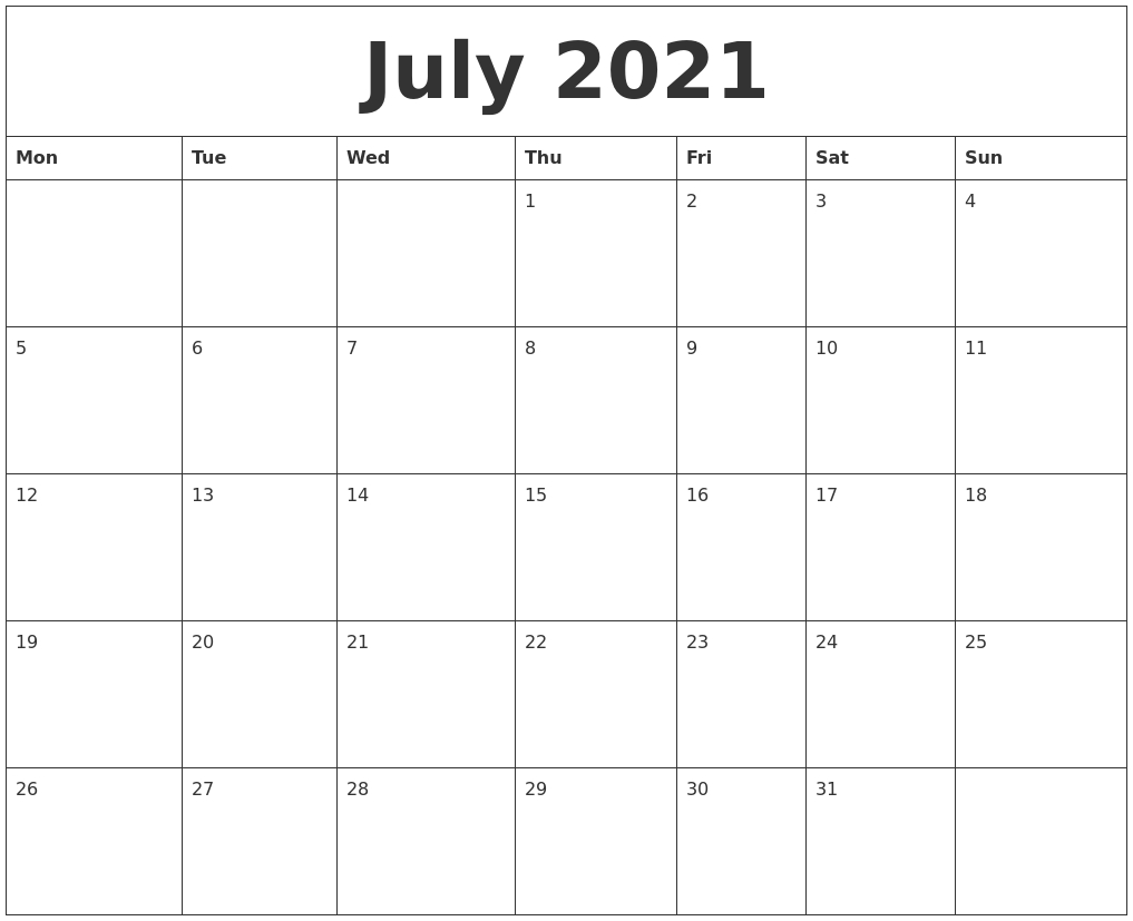 July 2021 Free Printable Calendar Templates