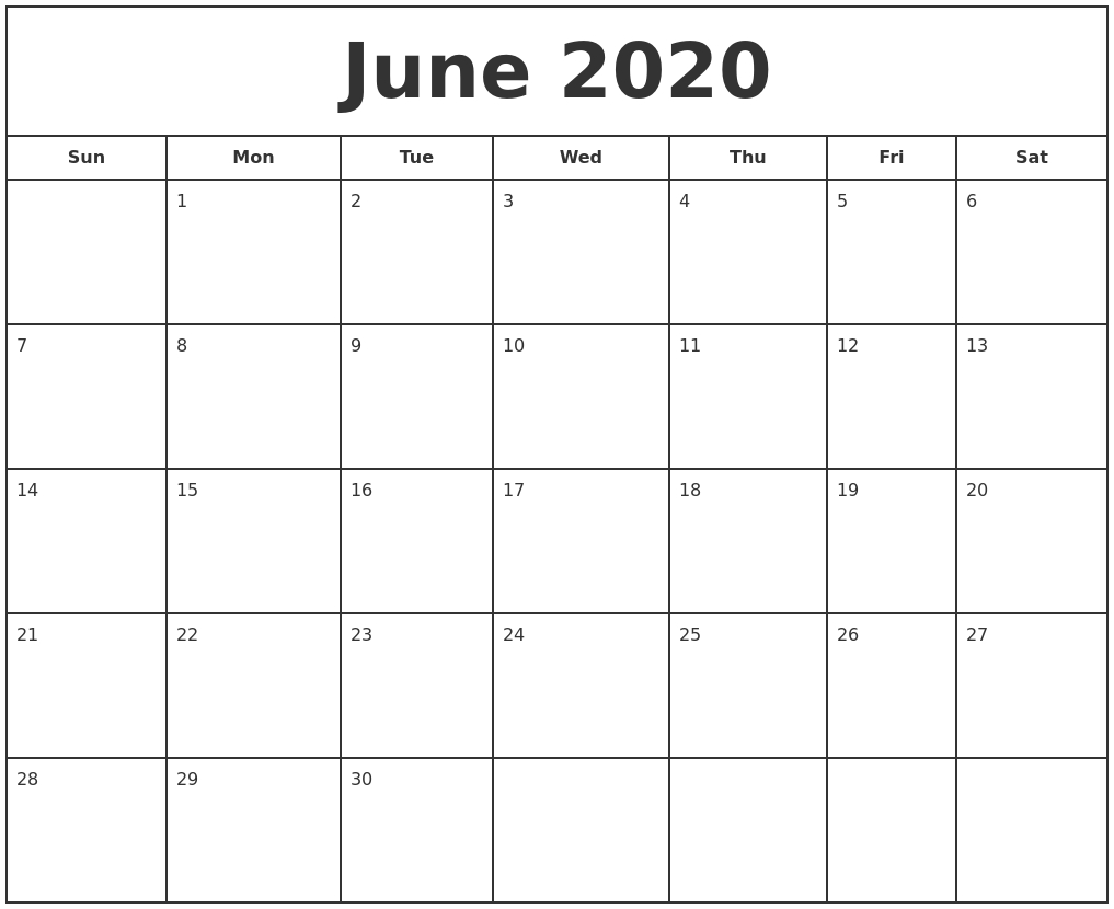 June 2020 Print Free Calendar