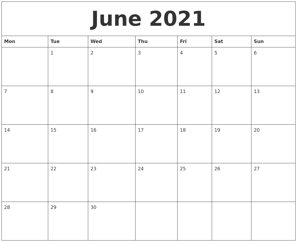 June 2021 Free Online Calendar