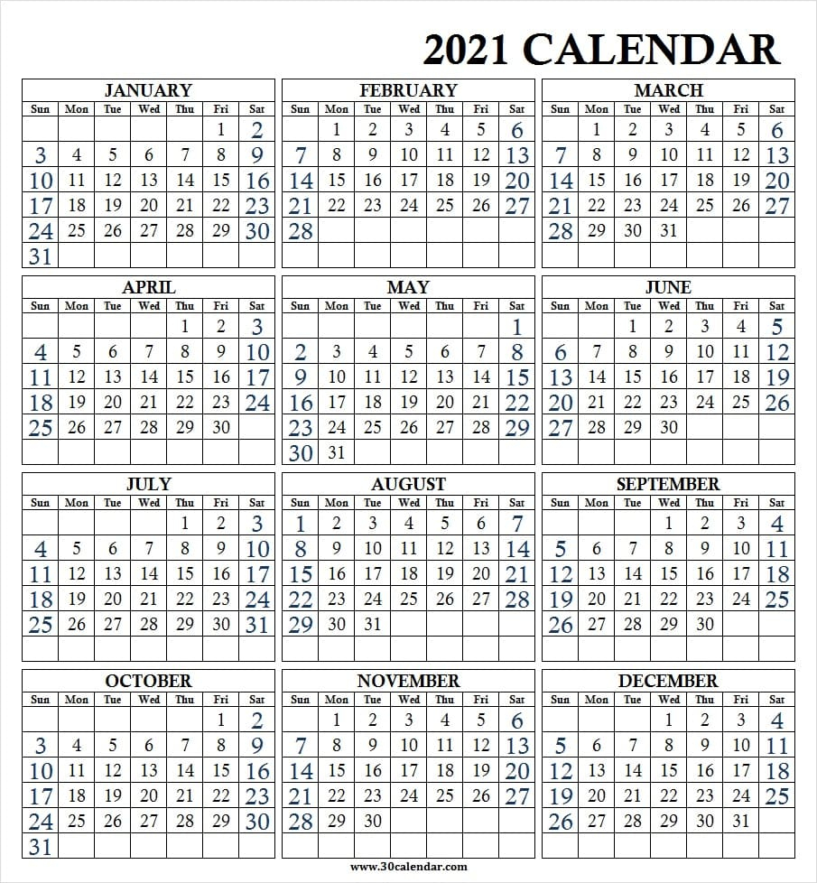 Large Print Wall Calendar 2021 - Calendar 2021 Year Printable