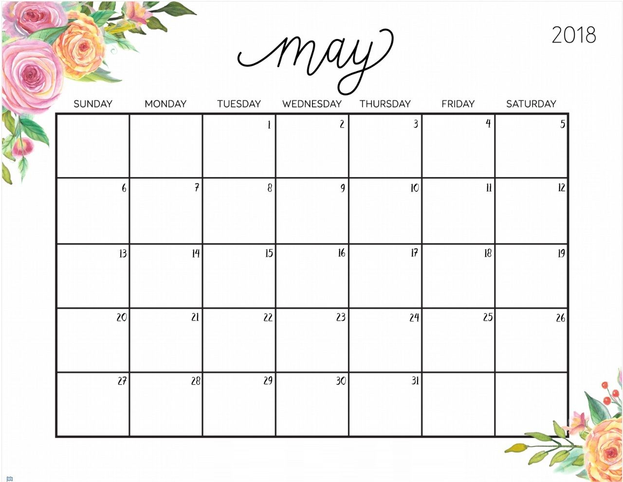 May-2018-Floral-Calendar 1280×991픽셀 | Monthly