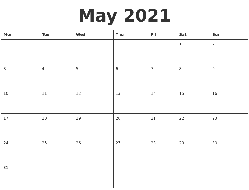 May 2021 Large Printable Calendar