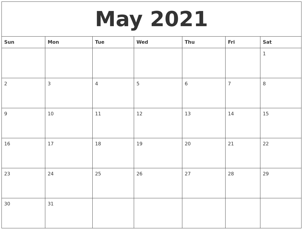 May 2021 Month Calendar Template