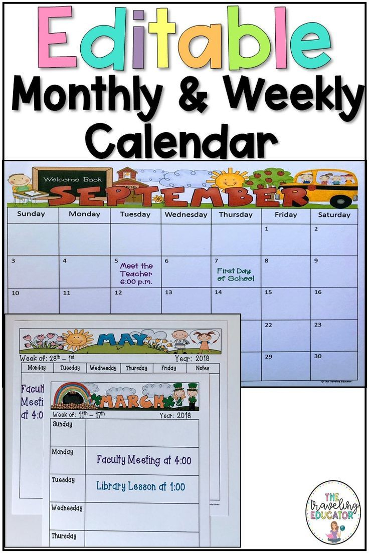 Monthly And Weekly Calendar Editable Template | Elementary