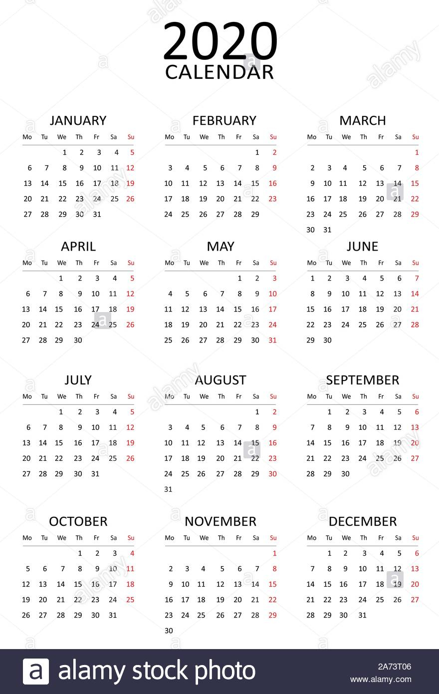 New Year 2020 Calendar. Start Monday. Simple And Clean