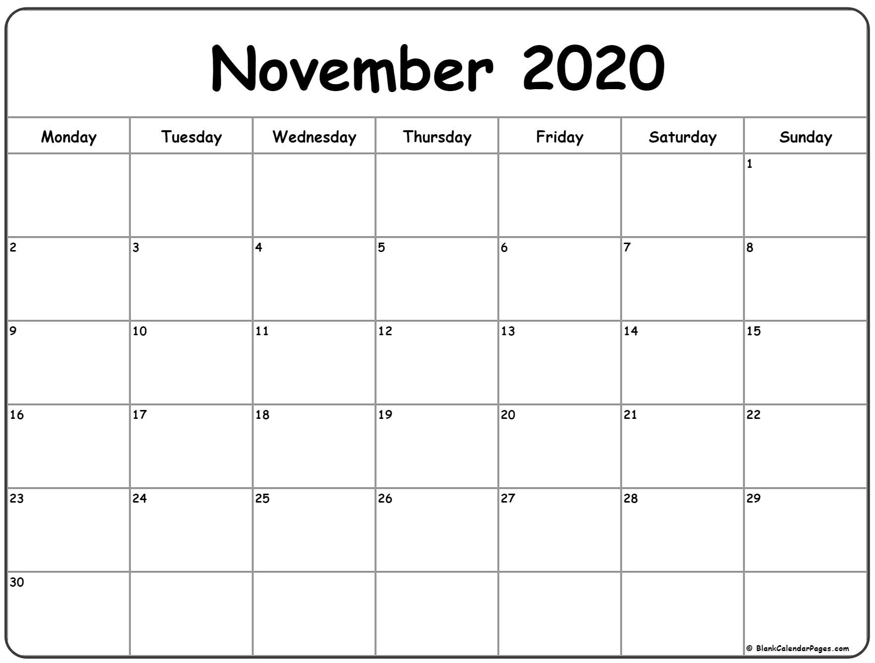 November 2020 Monday Calendar | Monday To Sunday In 2020
