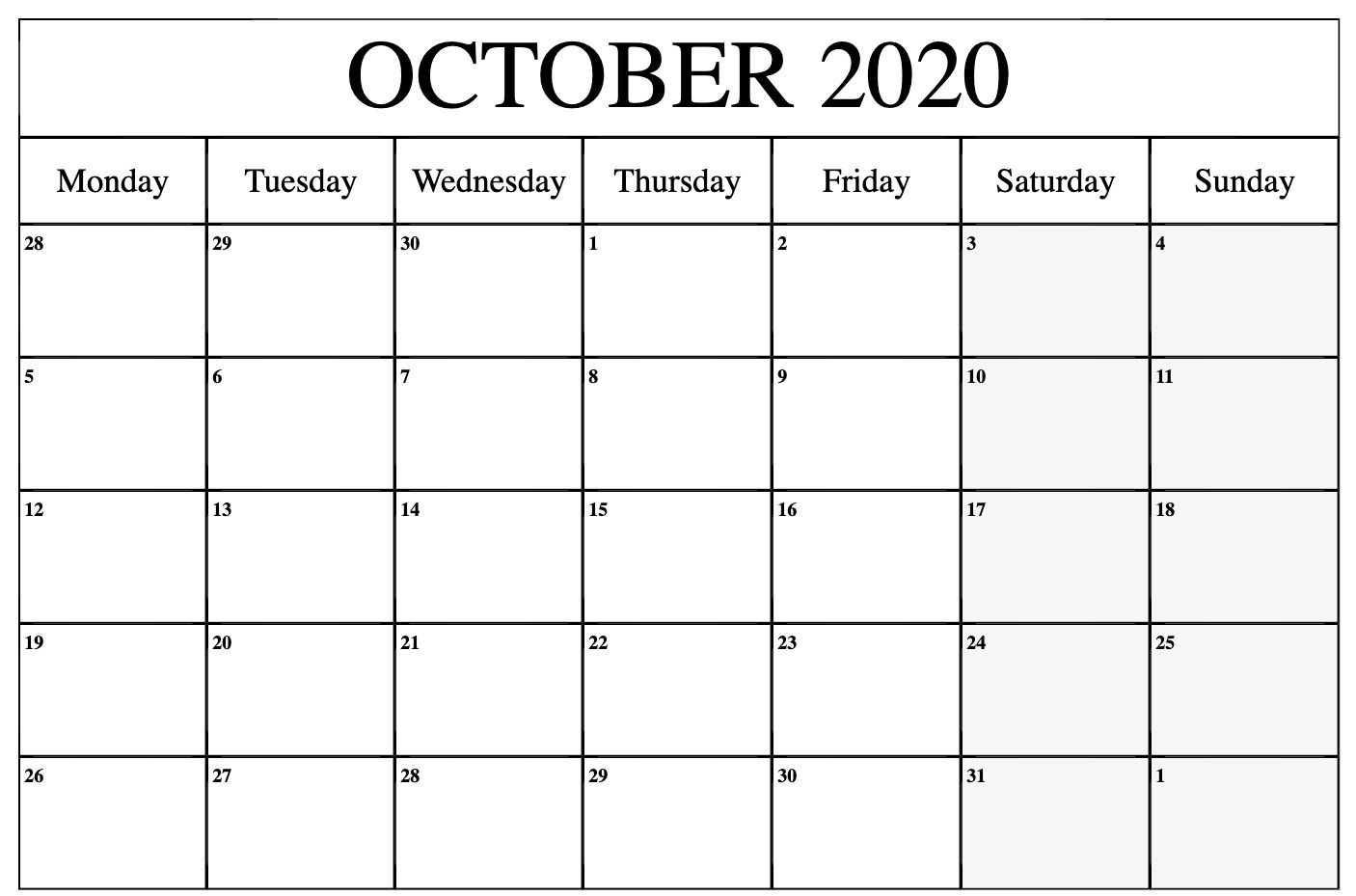 October 2020 Calendar | Printable Calendar Word Printable