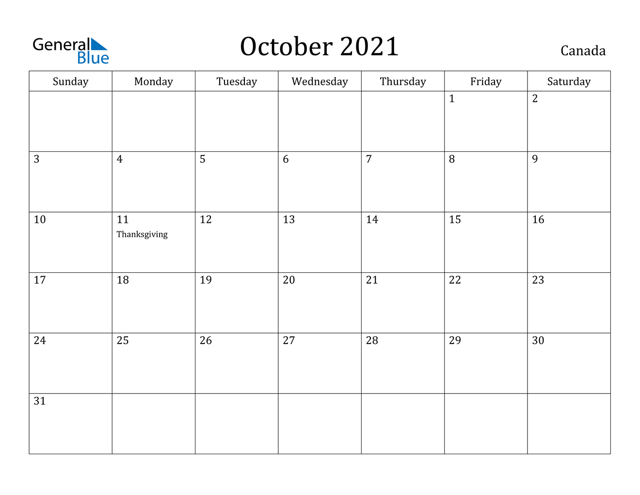 October 2021 Calendar - Canada