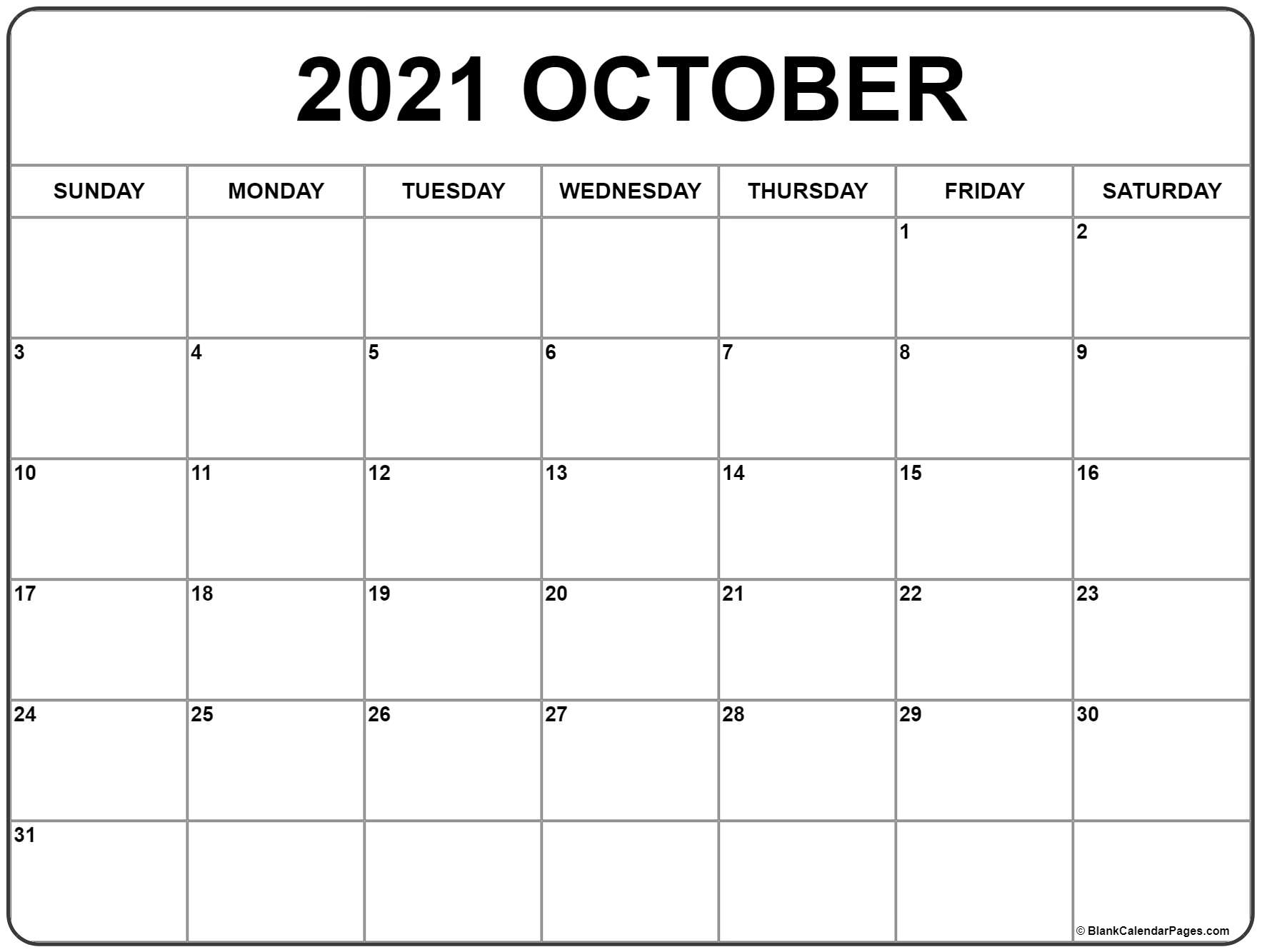 October 2021 Calendar | Free Printable Monthly Calendars