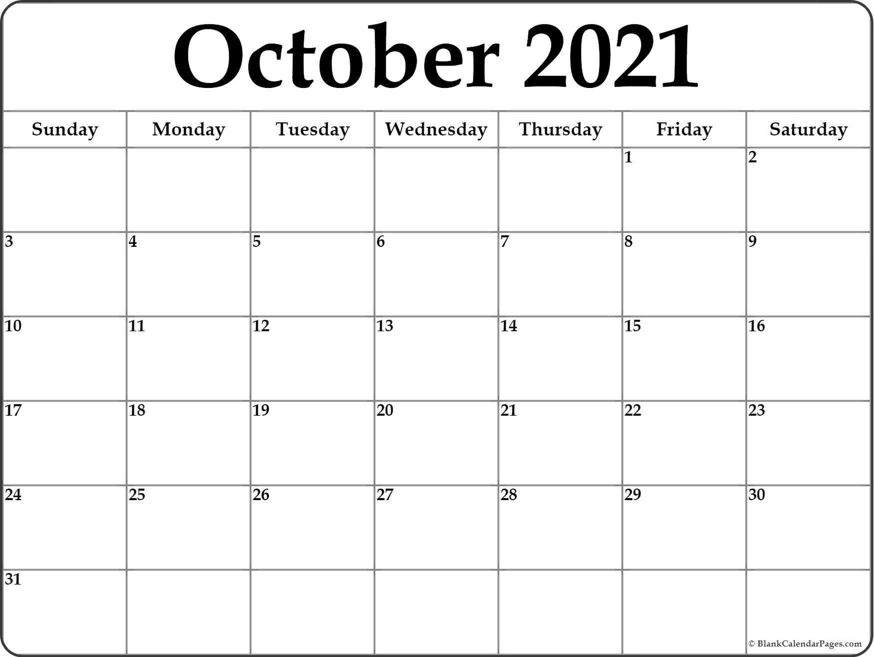 October 2021 Calendar | Free Printable Monthly Calendars