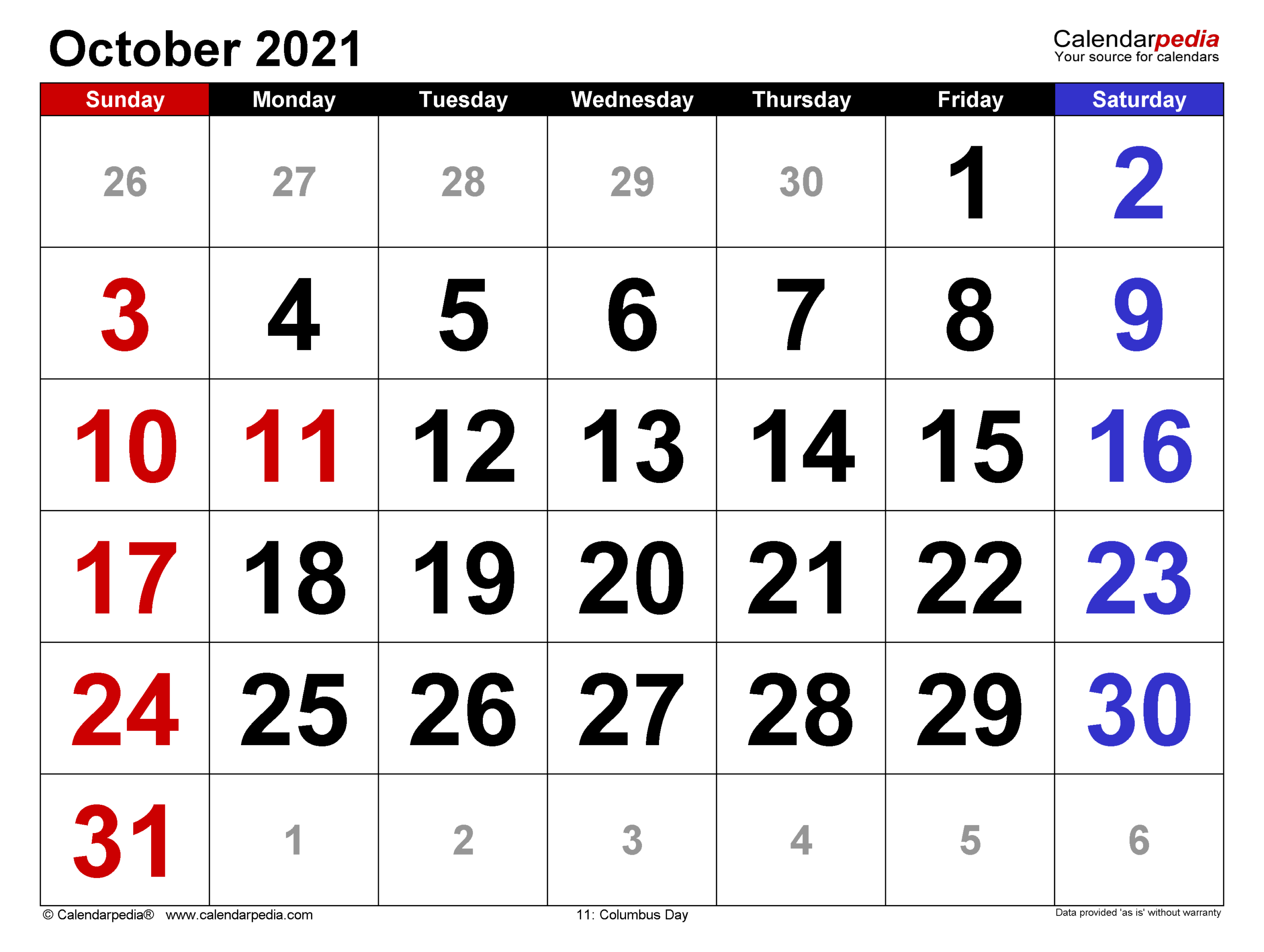 October 2021 Calendar | Templates For Word Excel And Pdf
