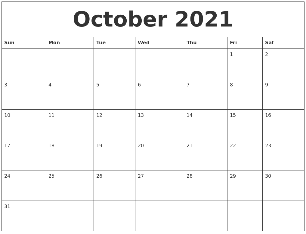 October 2021 Large Printable Calendar