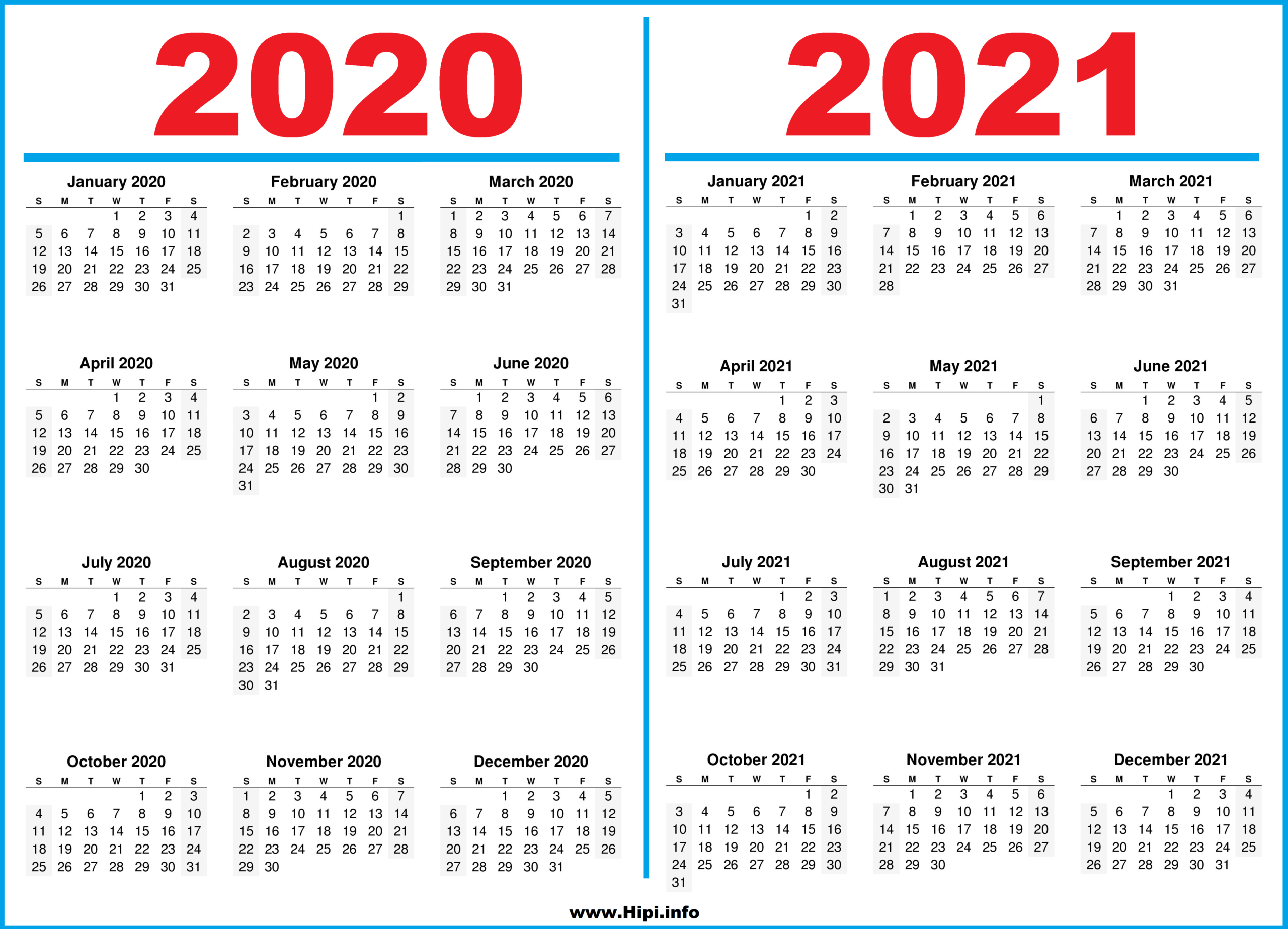 Printable 2 Year Calendar 2020 And 2021 - Hipi