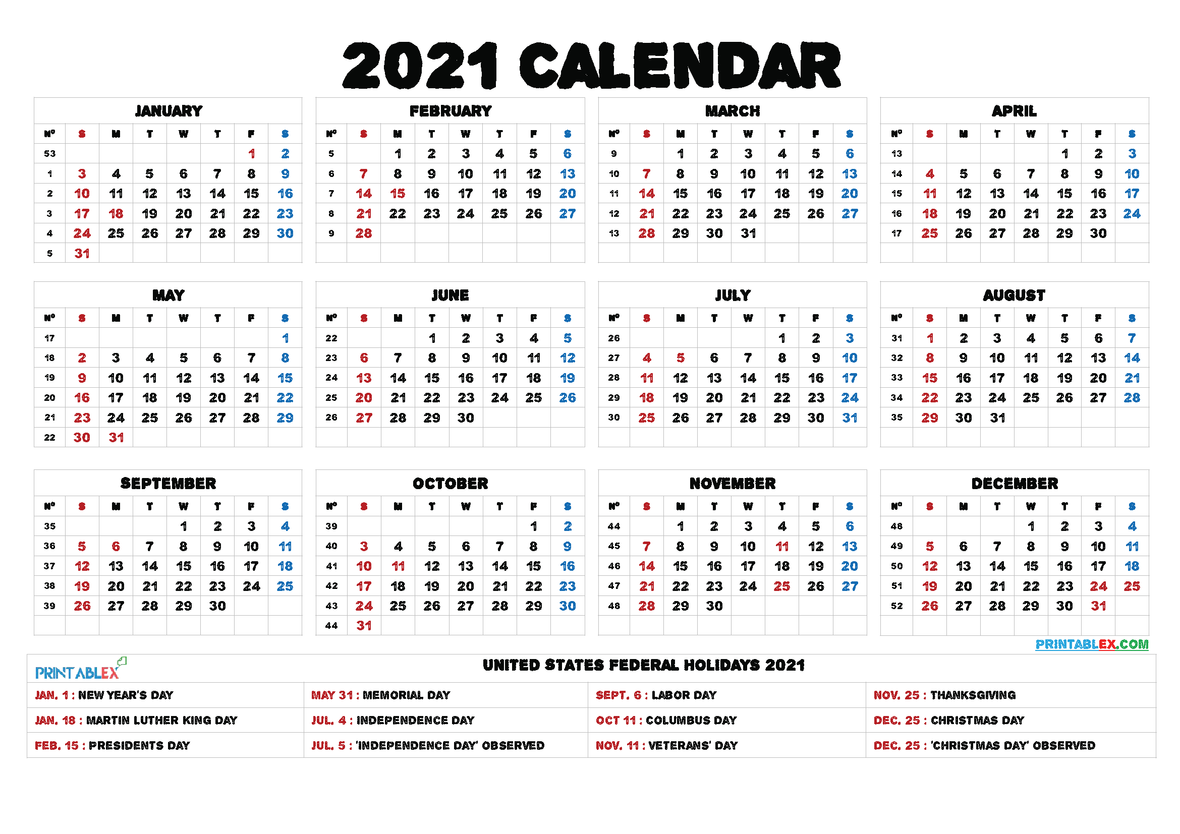 Printable 2021 Calendar With Holidays