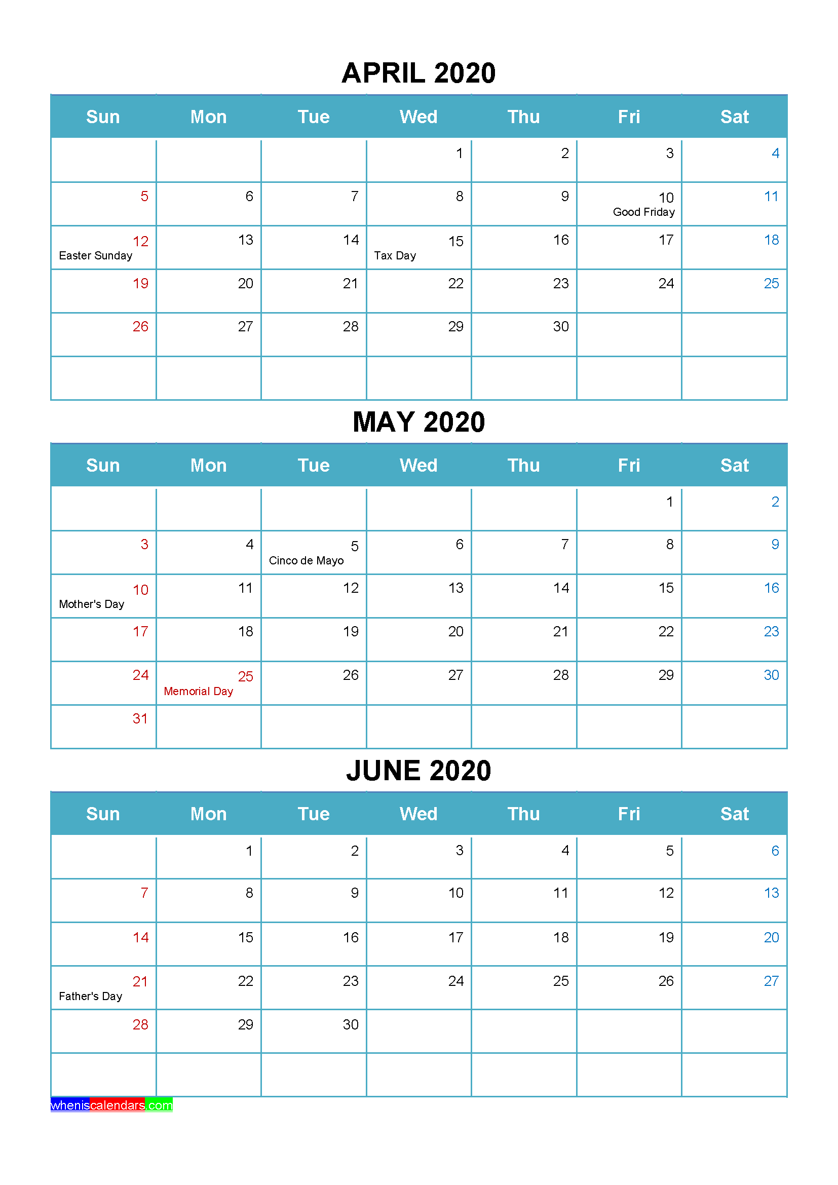 Printable April May June 2020 Calendar Word Pdf – Free 2020