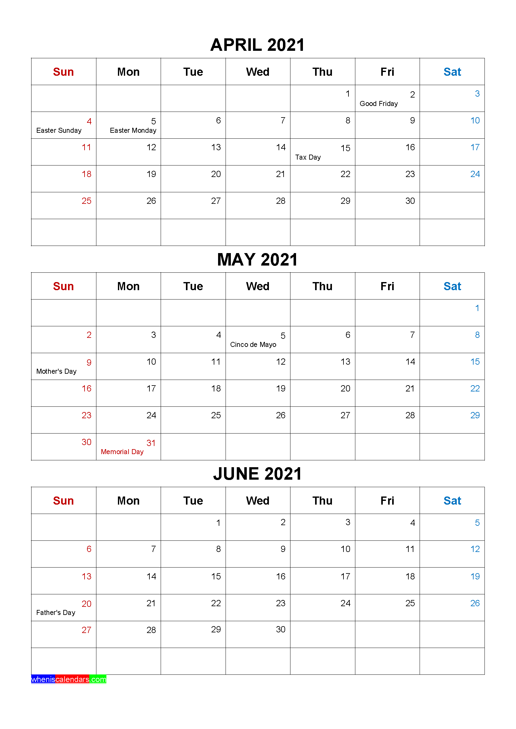 Printable April May June 2021 Calendar Template Word Pdf