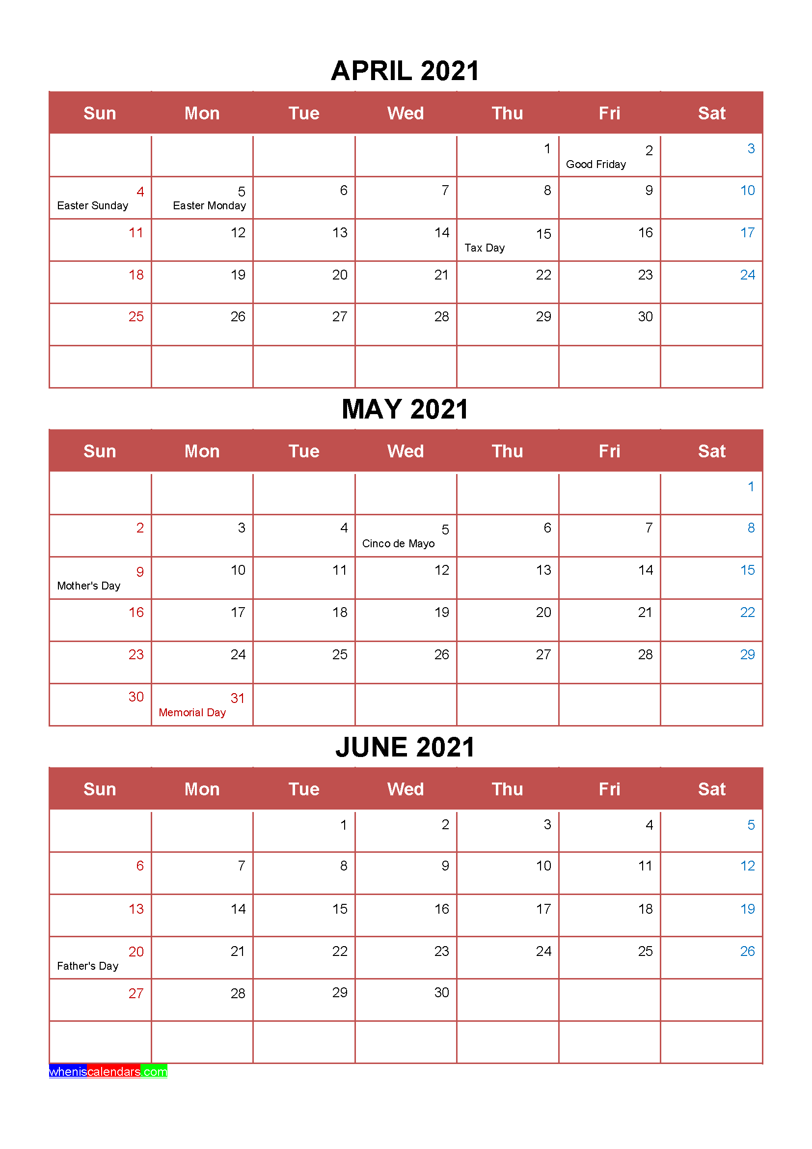 Printable April May June 2021 Calendar Template Word Pdf