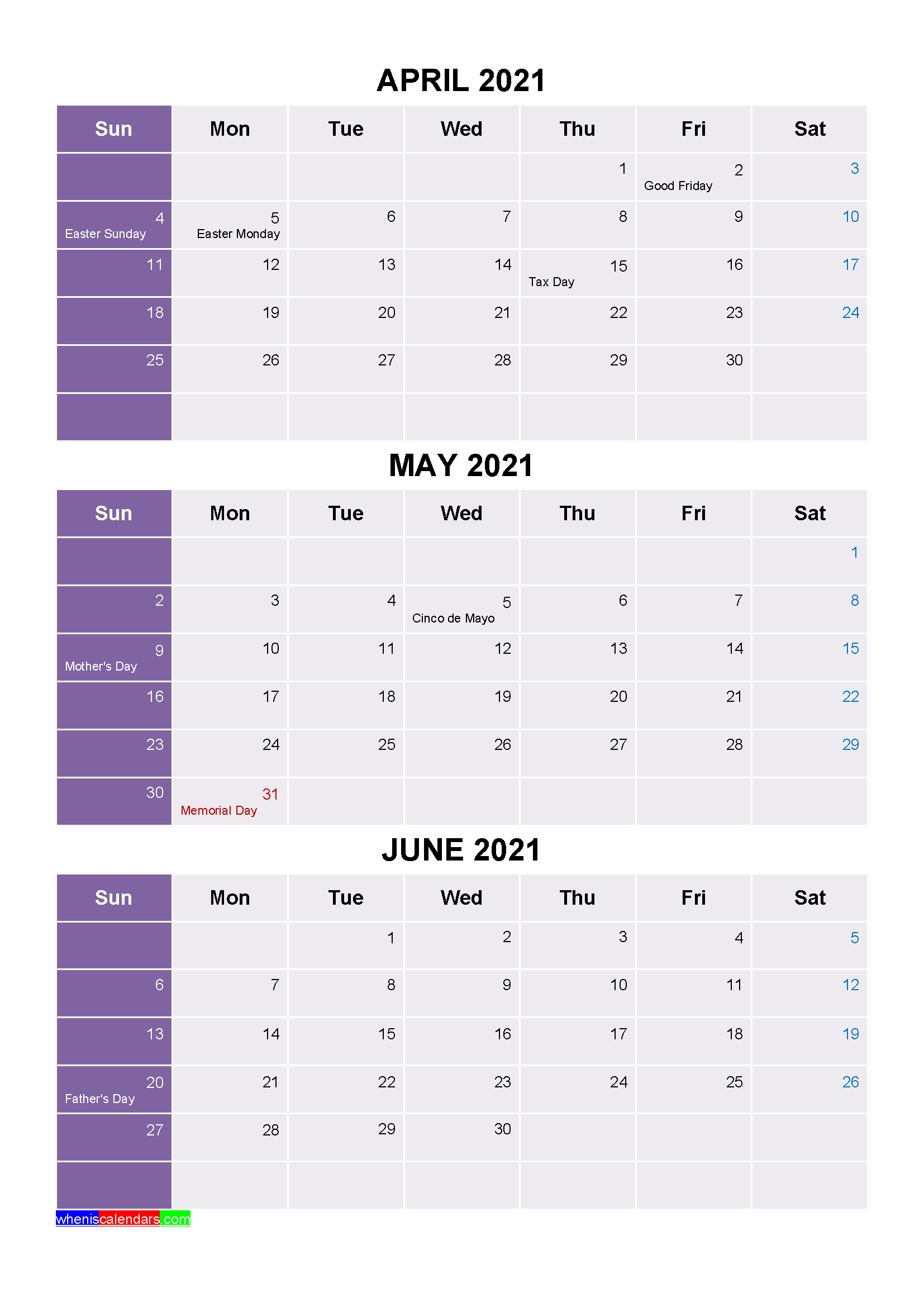 Printable April May June 2021 Calendar Word Pdf - Free