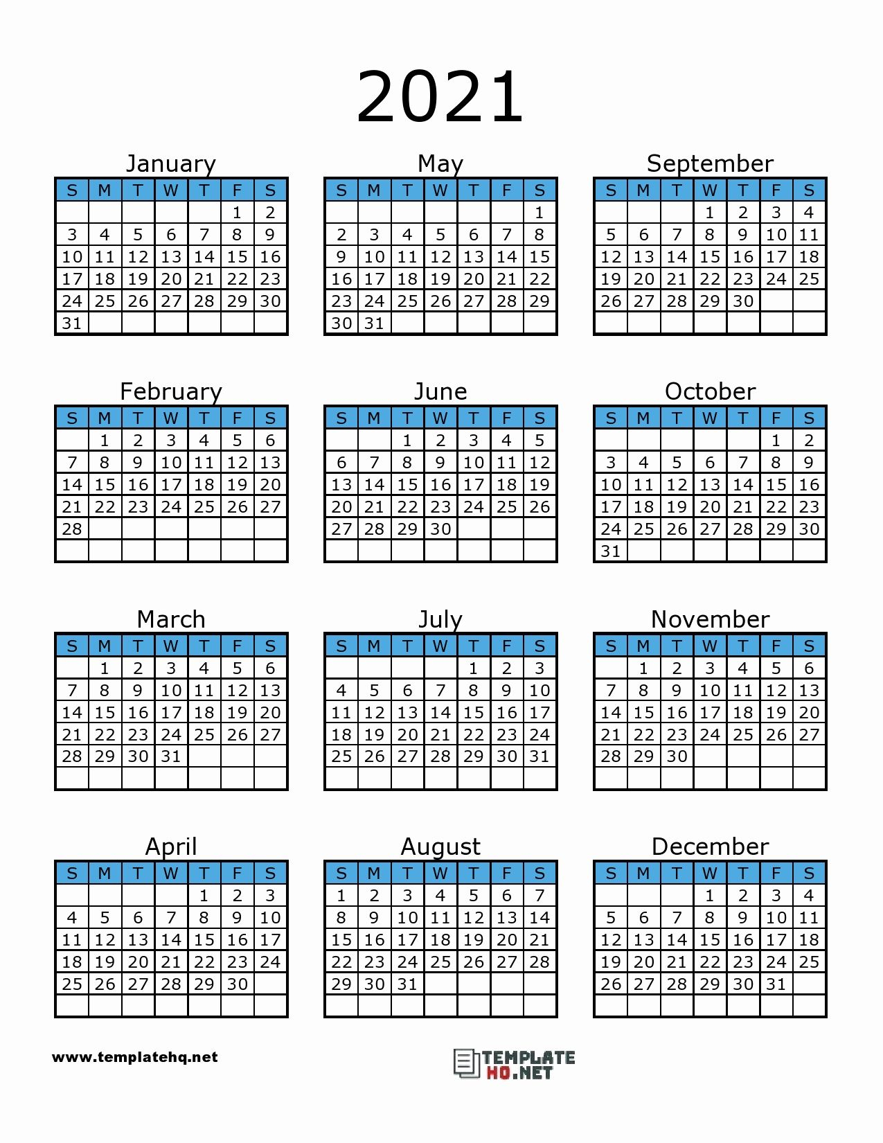 Printable Quarterly Calendar 2021 Free