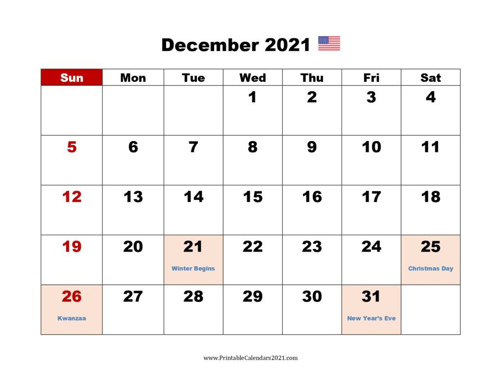 Printable Calendar December 2021 Printable 2021 Calendar