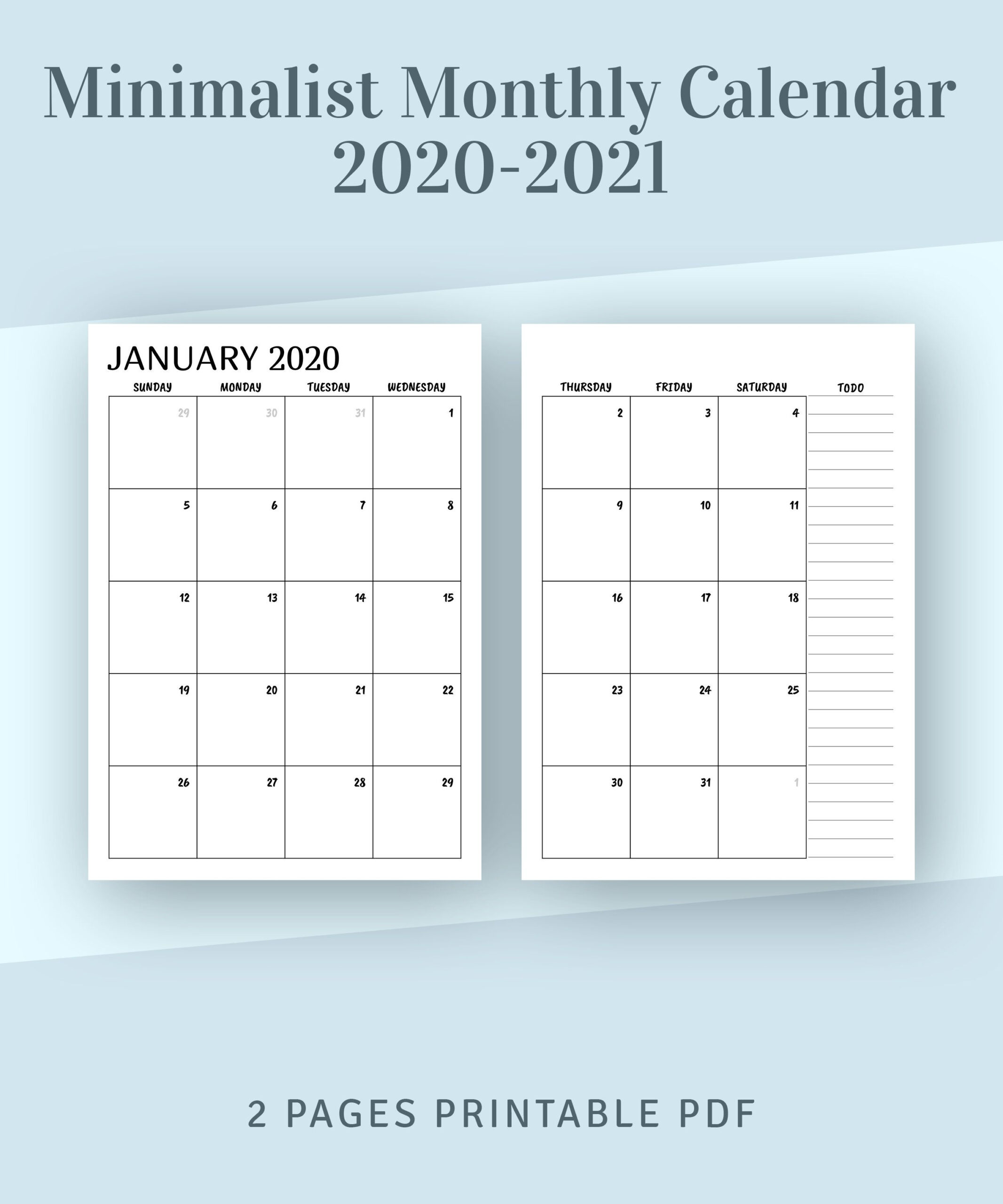Printable Calendar Monthly 2020 2021 Month On Two Page