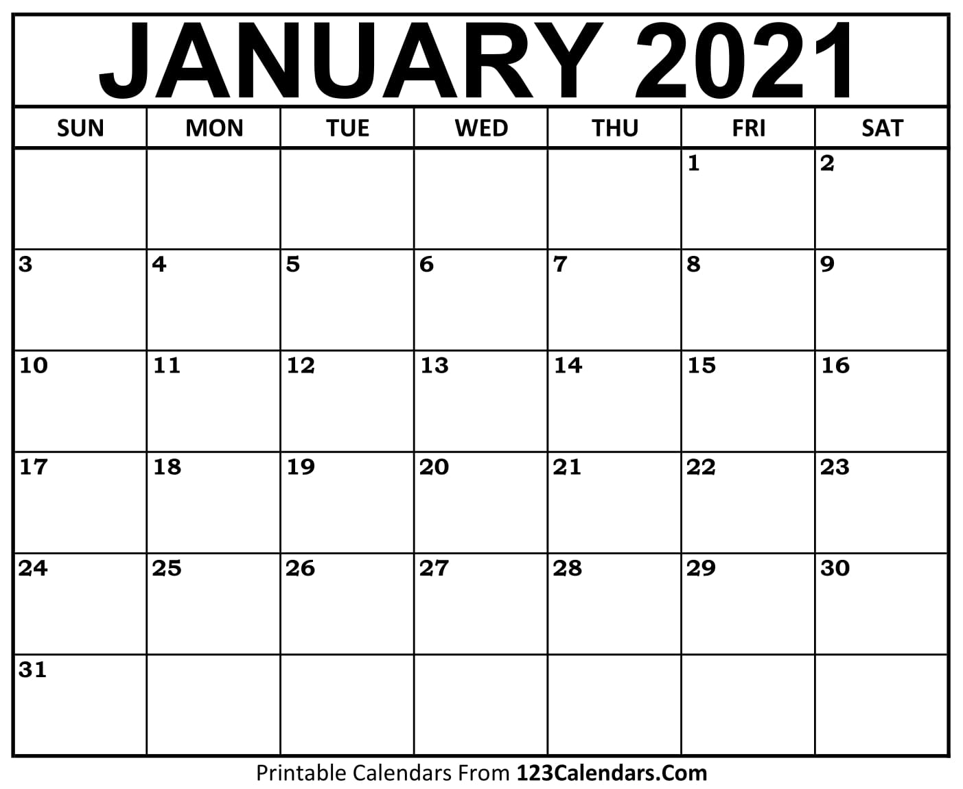 January Calendar 2021 Printable