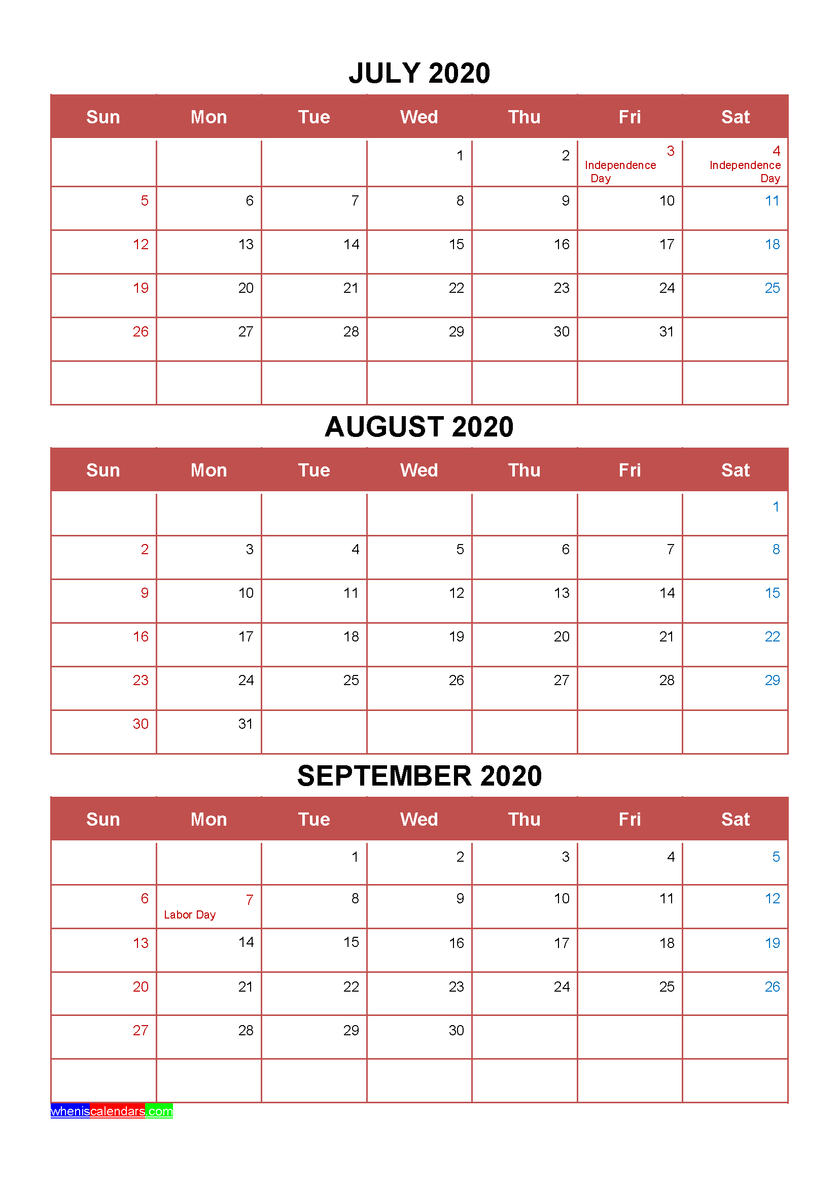 Printable July August September 2020 Calendar Template Word