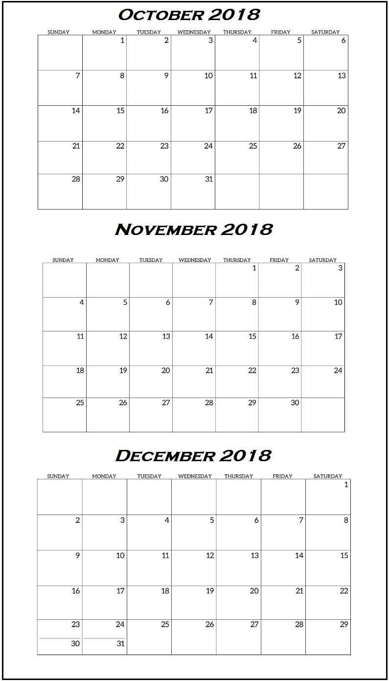 Quarterly Calendar October To December 2018 | Free Calendars