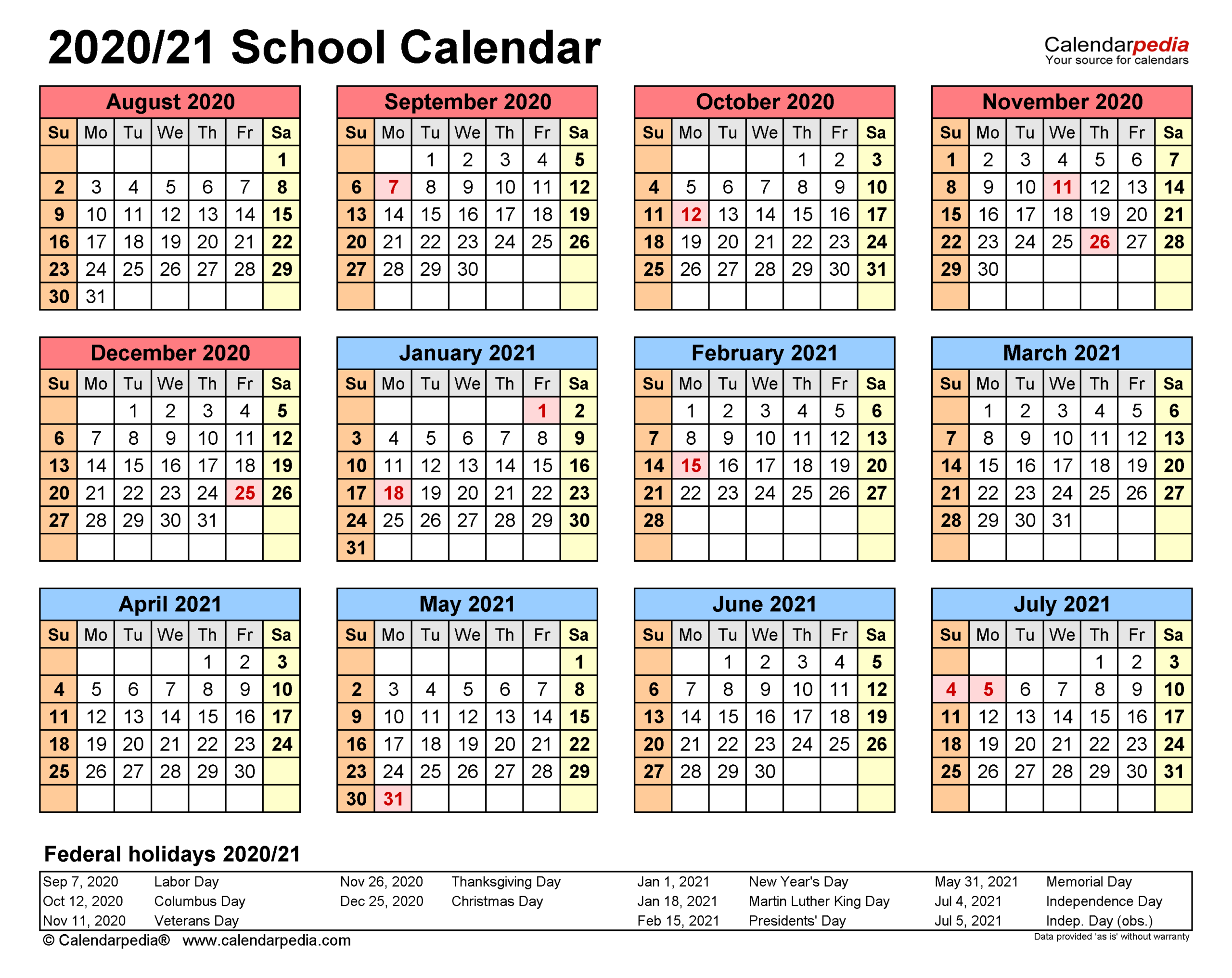 School Calendars 20202021 - Free Printable Excel Templates