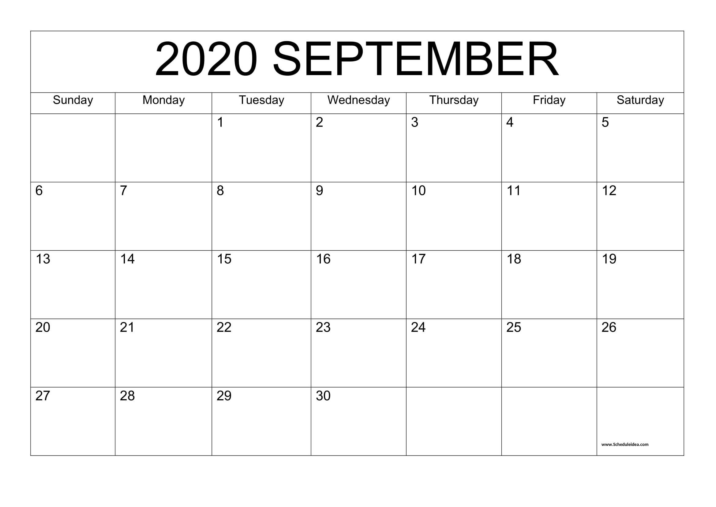September 2020 Printable Calendar - Editable Templates