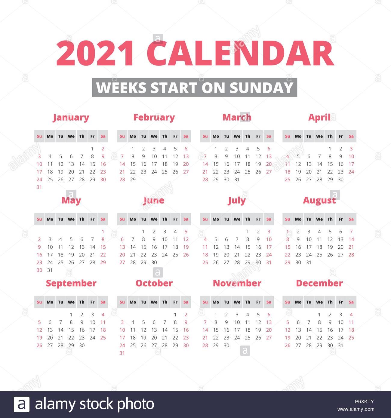 Simple 2021 Year Calendar Week Starts On Sunday Stock