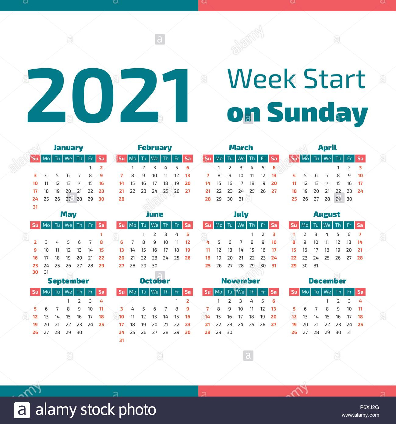 Simple 2021 Year Calendar Week Starts On Sunday Stock