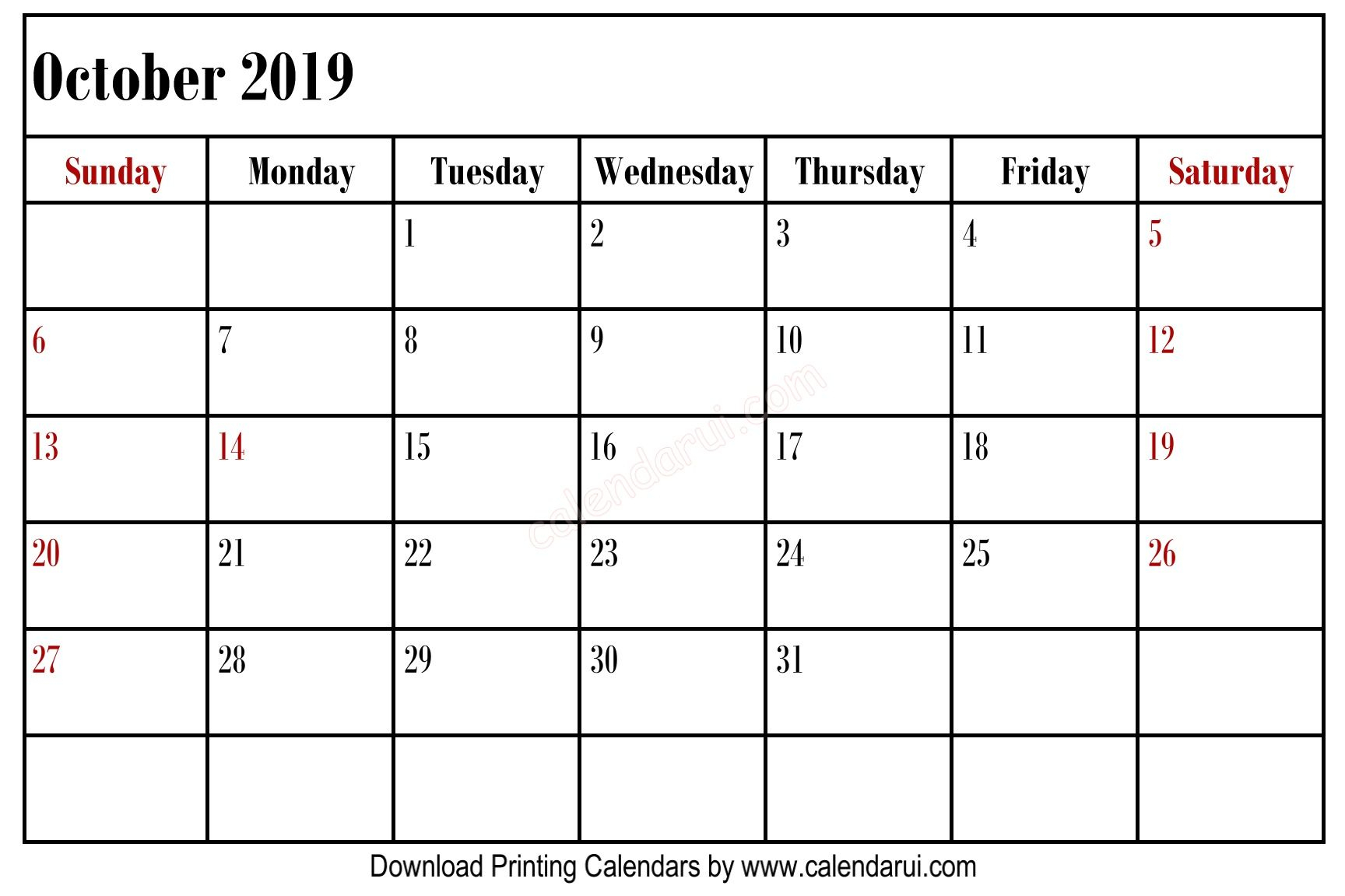 Simple Blank October 2019 Calendar Printable Best Free Left