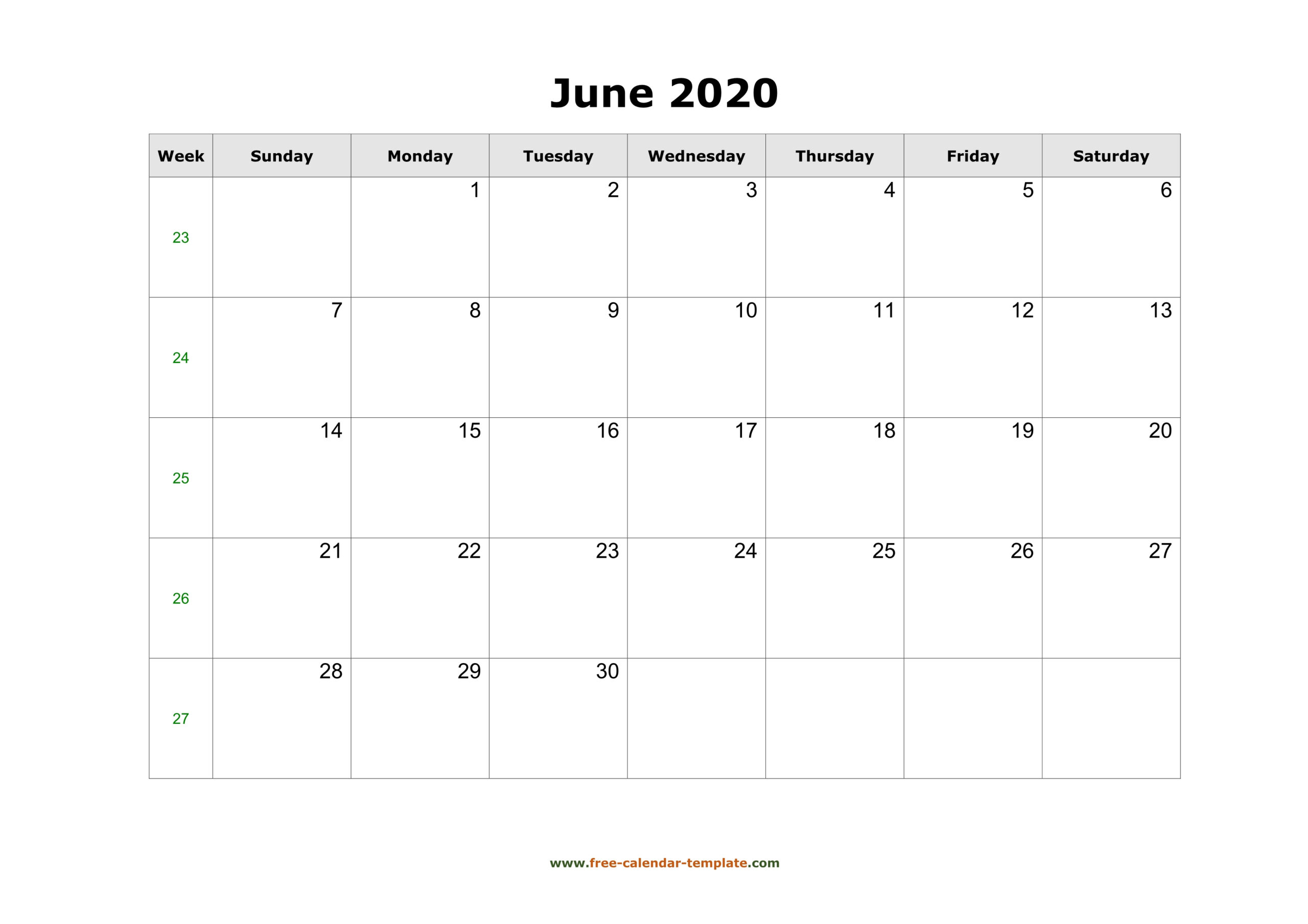 Simple June Calendar 2020 Large Box On Each Day For Notes