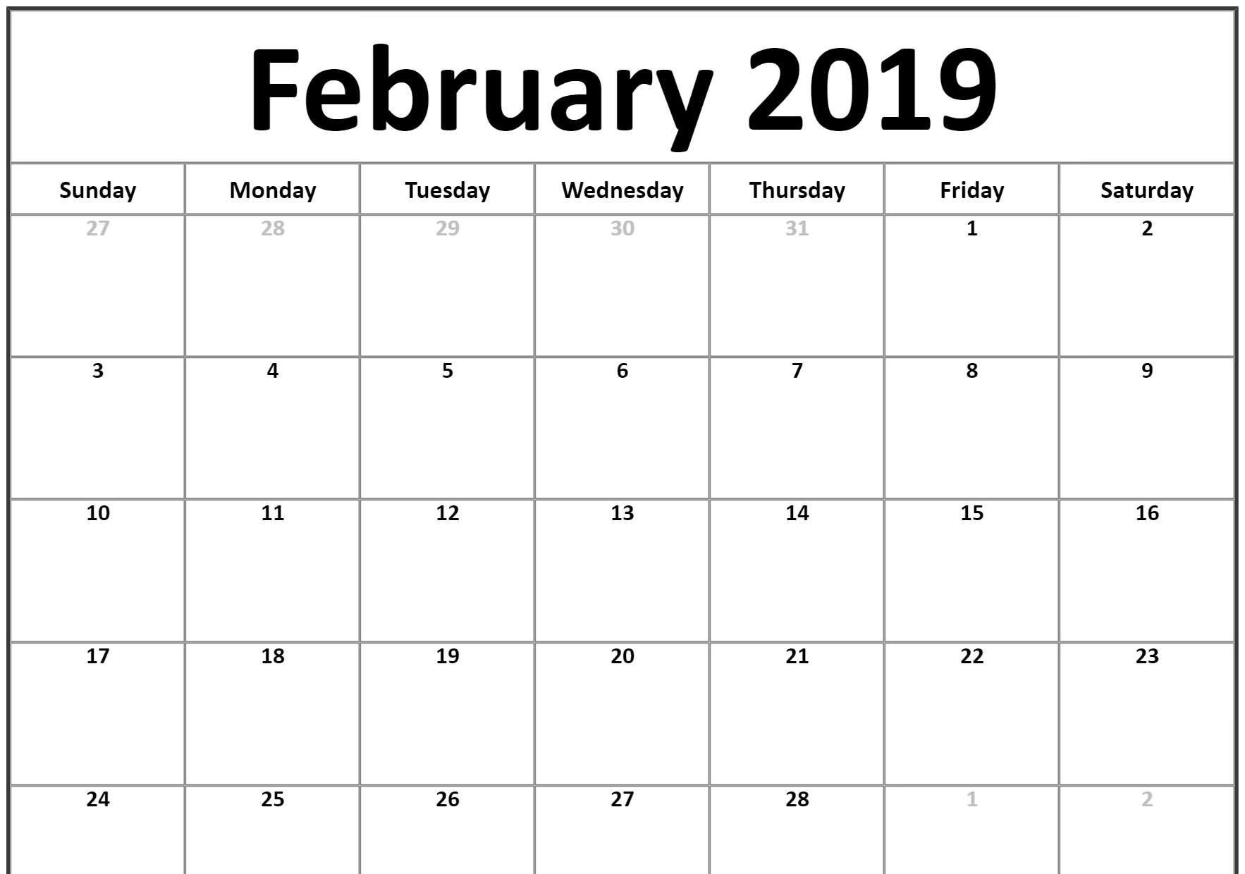 Small 2019 February Printable Calendar #Landscape