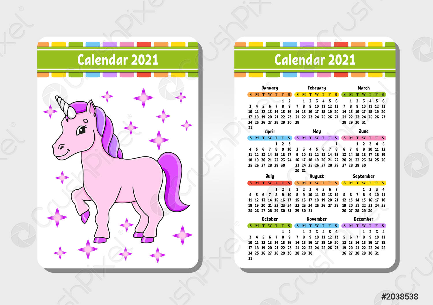Stock Vector - Calendar For 2021 With A Cute Character Magical Unicorn  Pocket Size Fun And Bright Design Color Isolated Vector Illustration  Cartoon