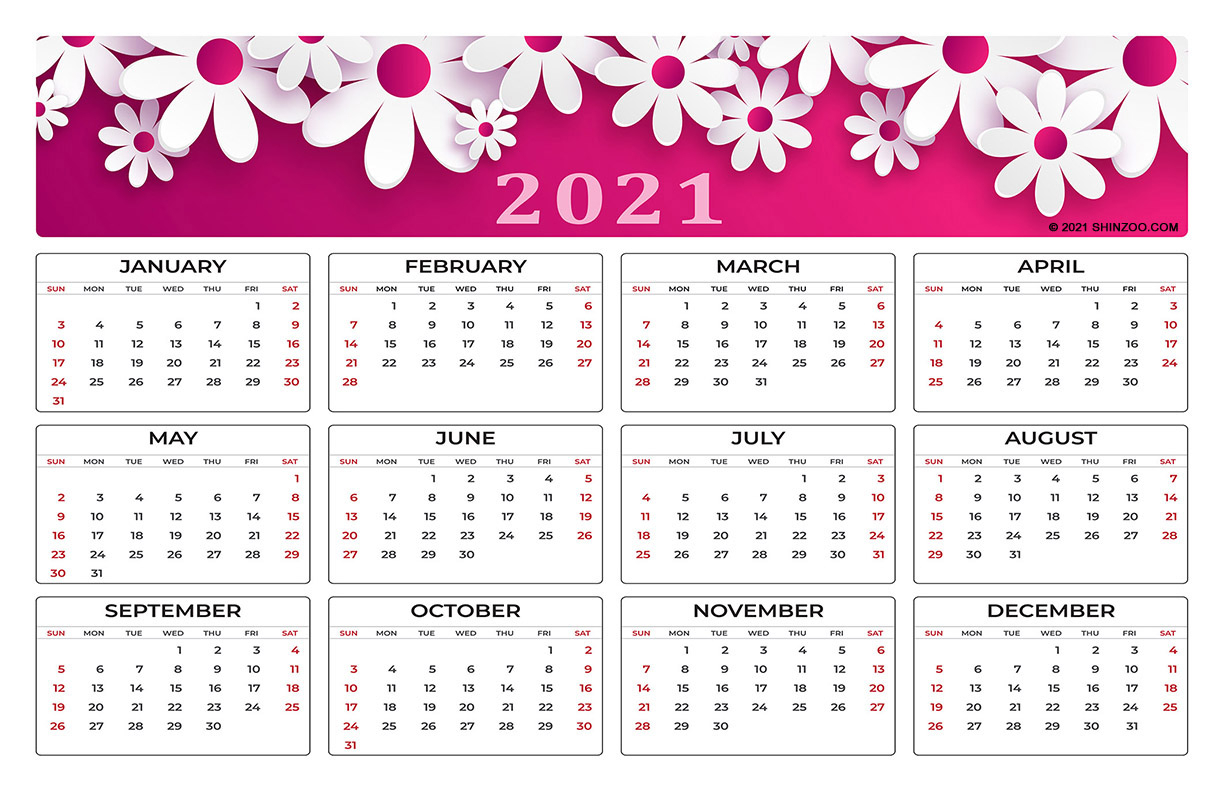 Symbolic White Flowers On Pink Background: 2021 Calendar