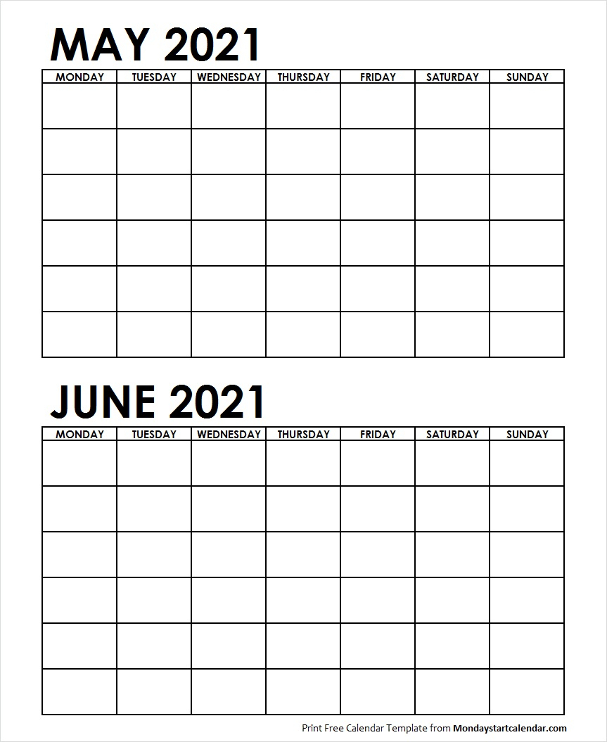 Two Month May June 2021 Calendar Blank | Two Months Template