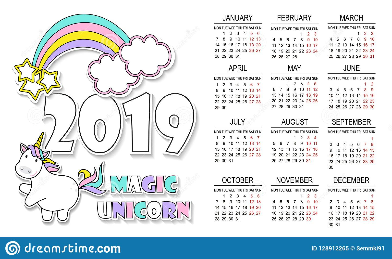 Unicorn Calendar Stock Illustrations – 442 Unicorn Calendar