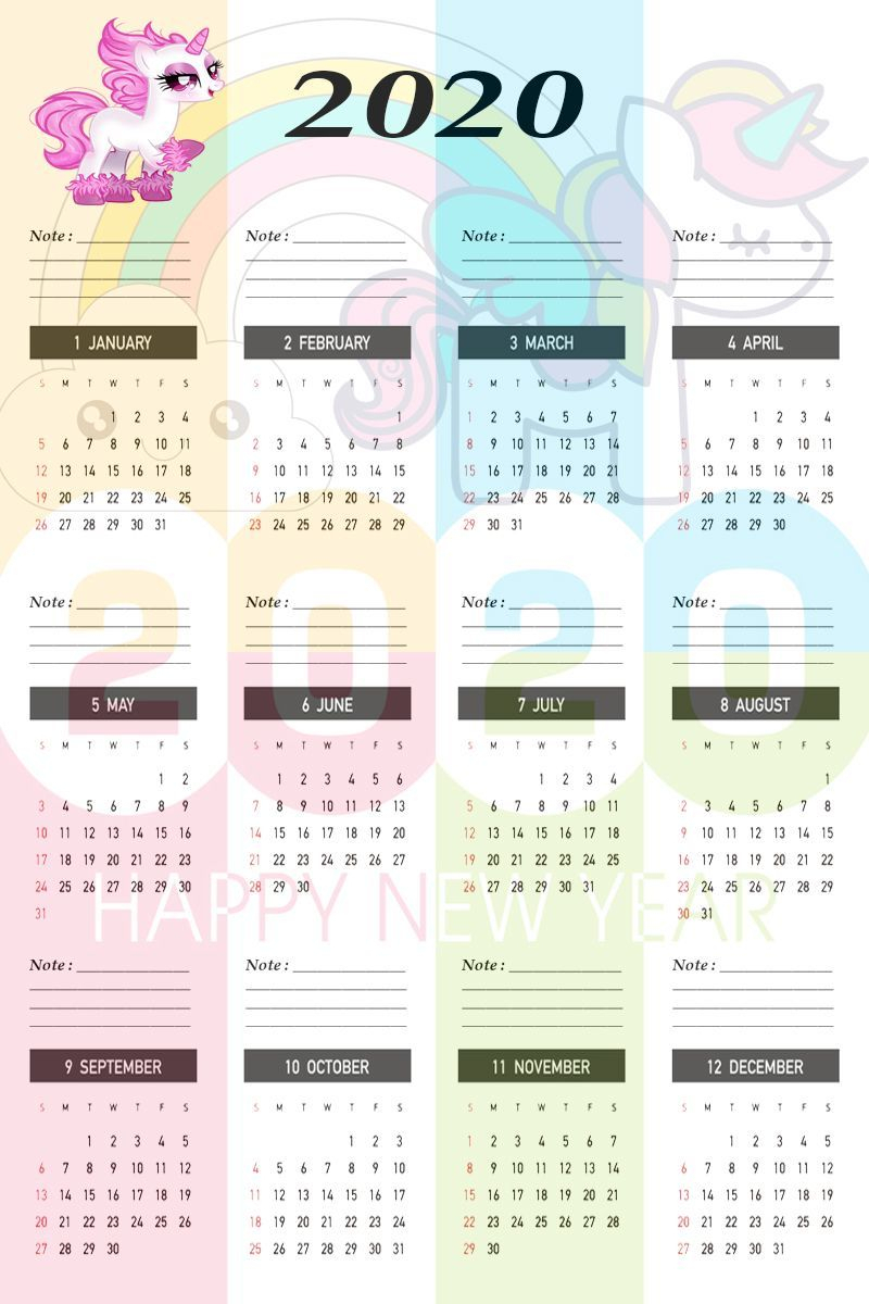 Unicorn Calendar Template 2020 #Calendar