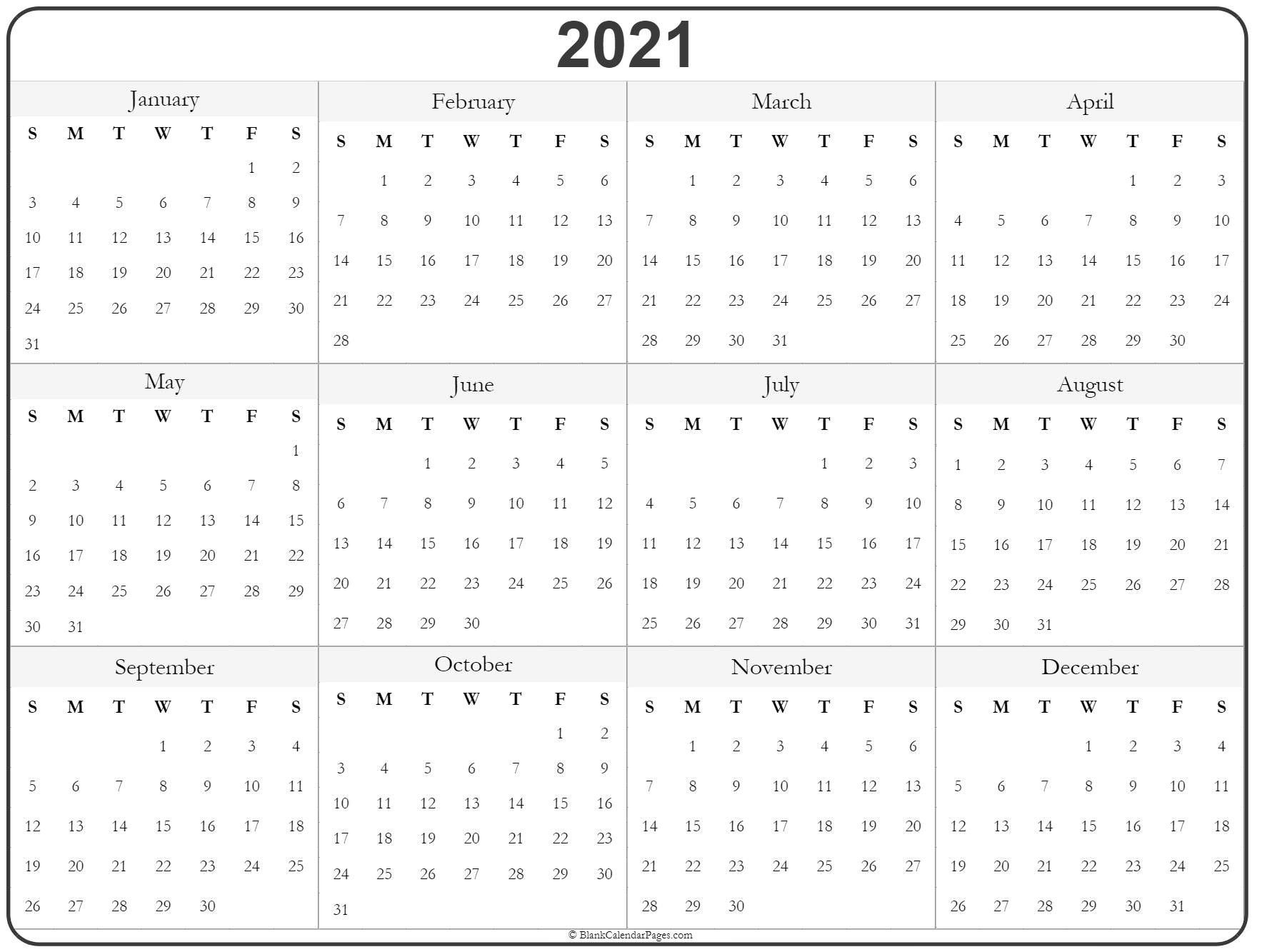 Print Free 2021 Yearly Calendar With Boxes